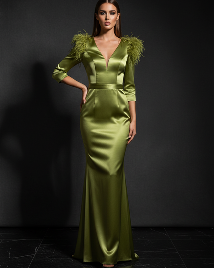 Satin Kleid - Satin Abendkleid V-Ausschnitt Gruen Federrueschen - Ansicht 1