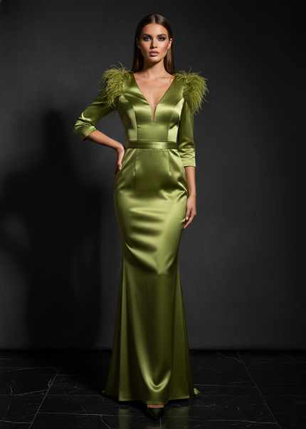 Satin Kleid - Satin Abendkleid V-Ausschnitt Gruen Federrueschen - Ansicht 1