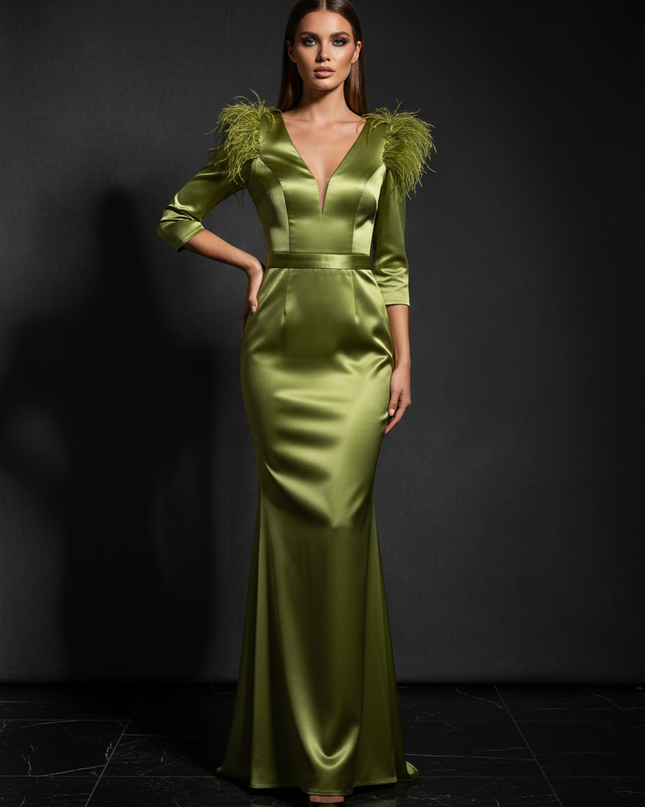 Satin Kleid - Satin Abendkleid V-Ausschnitt Gruen Federrueschen - Ansicht 1