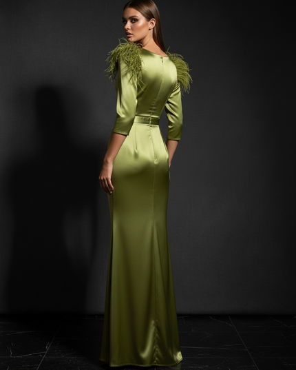 Satin Kleid - Satin Abendkleid V-Ausschnitt Gruen Federrueschen - Ansicht 2