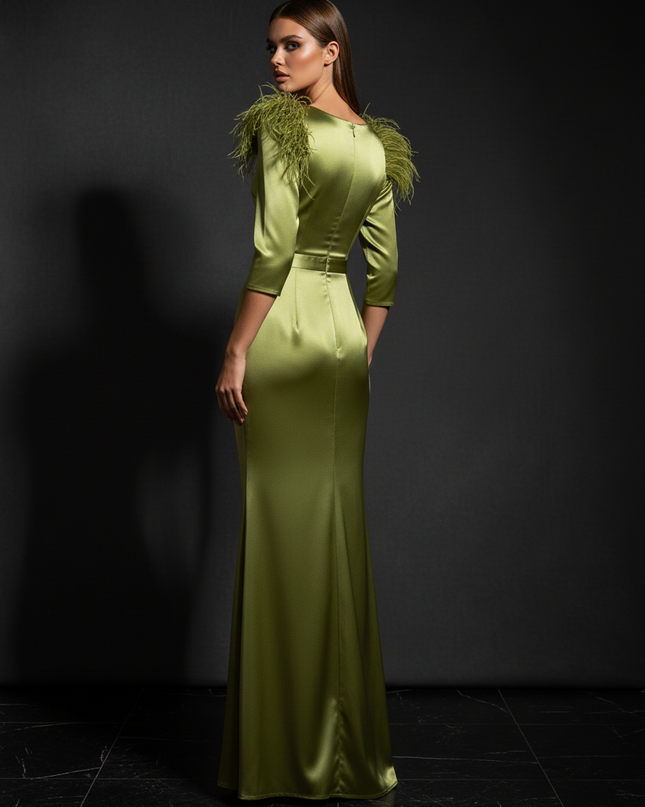 Satin Kleid - Satin Abendkleid V-Ausschnitt Gruen Federrueschen - Ansicht 2