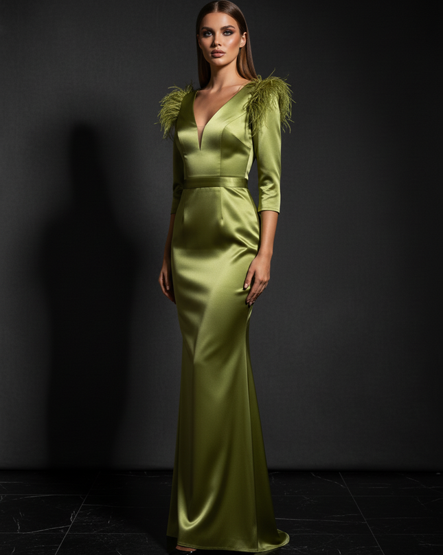 Satin Kleid - Satin Abendkleid V-Ausschnitt Gruen Federrueschen - Ansicht 3