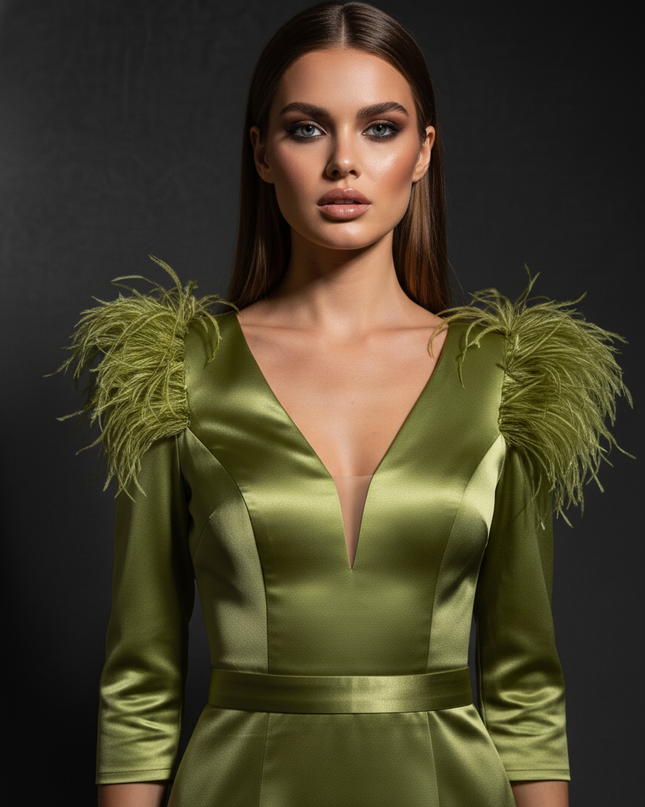 Satin Kleid - Satin Abendkleid V-Ausschnitt Gruen Federrueschen - Ansicht 4