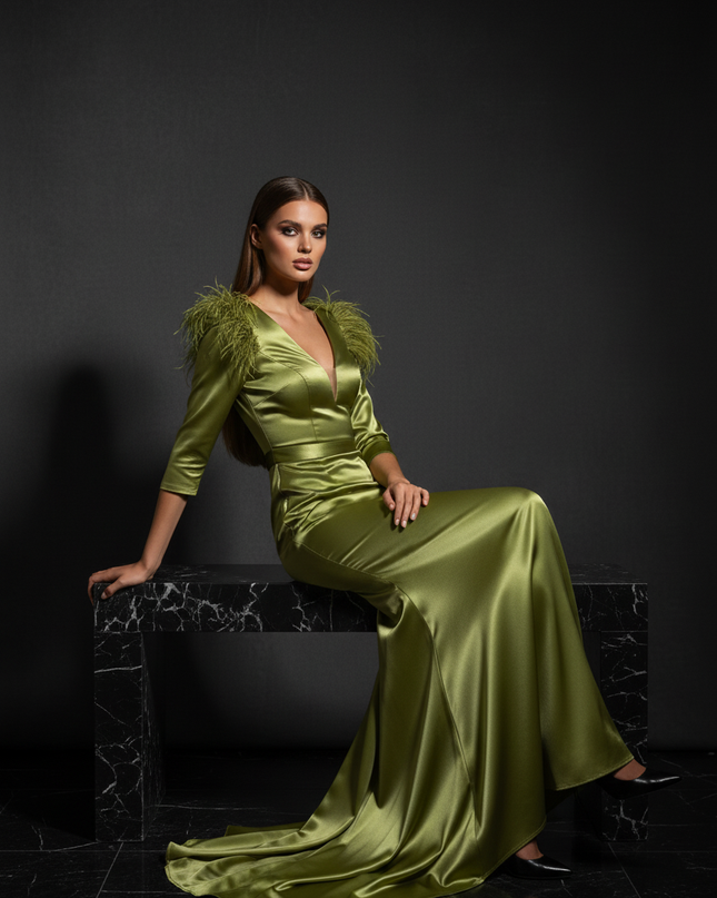 Satin Kleid - Satin Abendkleid V-Ausschnitt Gruen Federrueschen - Ansicht 5