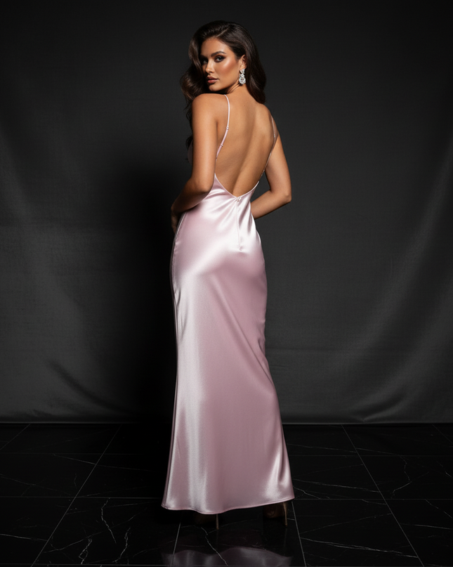 Satin Kleid - Satin Abendkleid V-Ausschnitt Rosa - Rueckenfrei Lang Slim - Ansicht 2