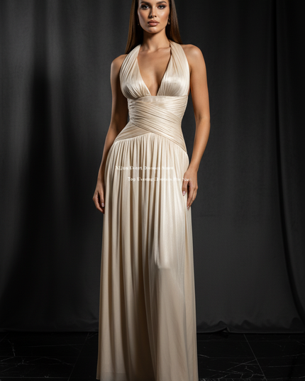 Satin Kleid Cream - Satin Abendkleid V-Ausschnitt Weiss - Halter Plissee Lang - Ansicht 1