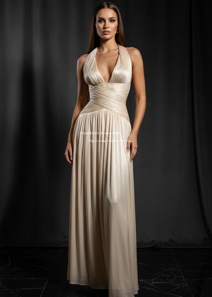 Satin Kleid Cream - Satin Abendkleid V-Ausschnitt Weiss - Halter Plissee Lang - Ansicht 1