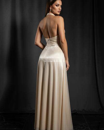 Satin Kleid Cream - Satin Abendkleid V-Ausschnitt Weiss - Halter Plissee Lang - Ansicht 2
