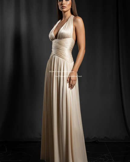 Satin Kleid Cream - Satin Abendkleid V-Ausschnitt Weiss - Halter Plissee Lang - Ansicht 3