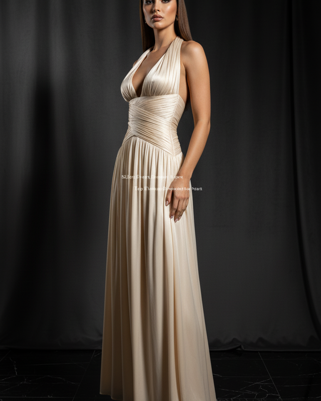 Satin Kleid Cream - Satin Abendkleid V-Ausschnitt Weiss - Halter Plissee Lang - Ansicht 3