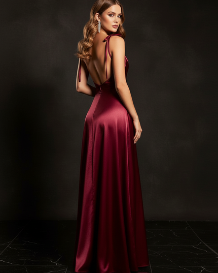 Satin Kleid - Satin Abendkleid Weinrot - Cowl Neck lang Satin - Ansicht 2