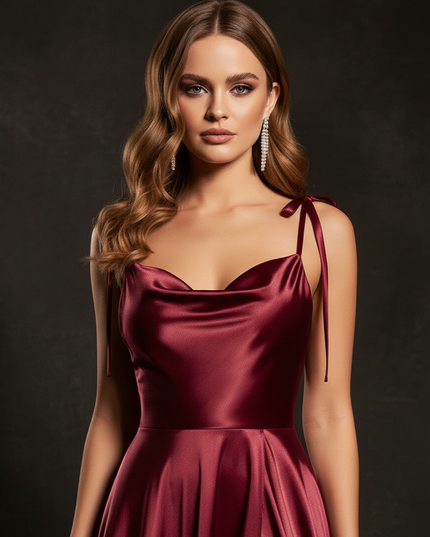 Satin Kleid - Satin Abendkleid Weinrot - Cowl Neck lang Satin - Ansicht 4