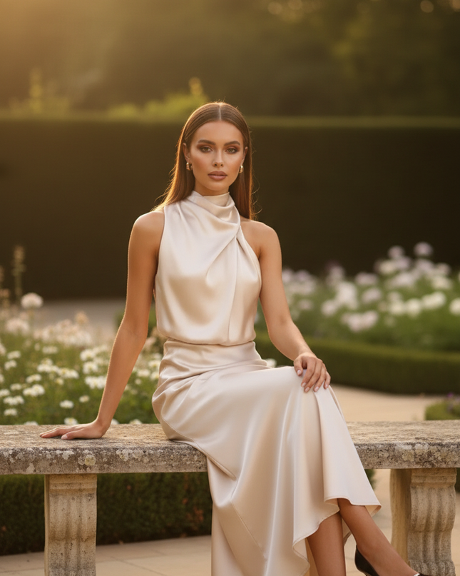 Satinkleid champagner - Champagnerfarbenes Satin Brautjungfernkleid Halter - Ansicht 5