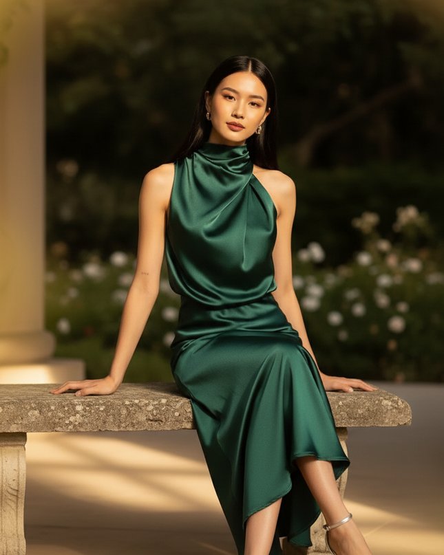 Satin Kleid Green - Satin Brautjungfernkleid Gruen A-Linie Halter - Ansicht 5