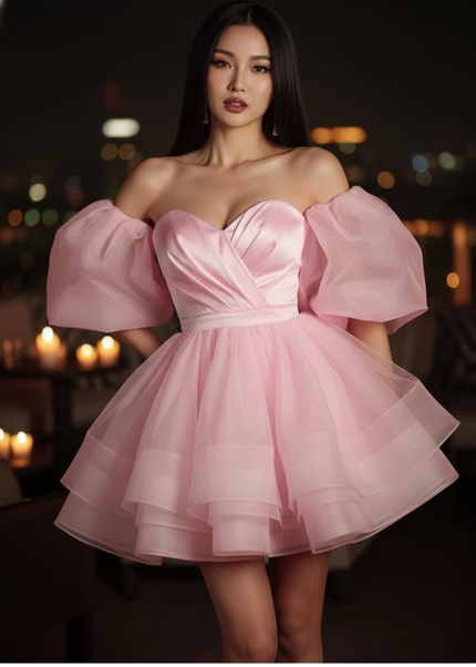 Satin Kleid Pink - Satin Cocktailkleid A-Linie Hellrosa, kurz - Ansicht 1