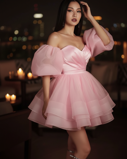 Satin Kleid Pink - Satin Cocktailkleid A-Linie Hellrosa, kurz - Ansicht 3