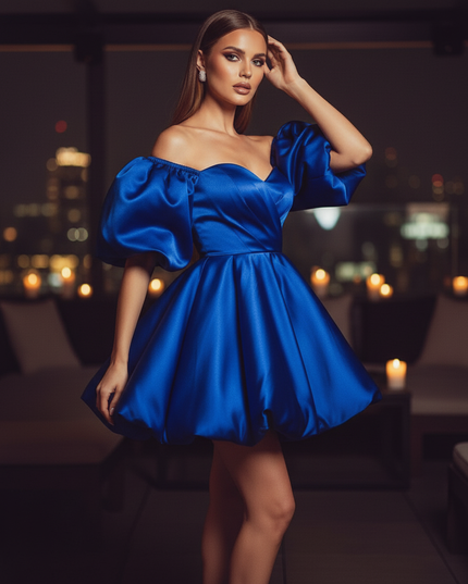 Satin Kleid Blue - Satin Cocktailkleid Blau - Koenigsblau, kurz - Ansicht 3