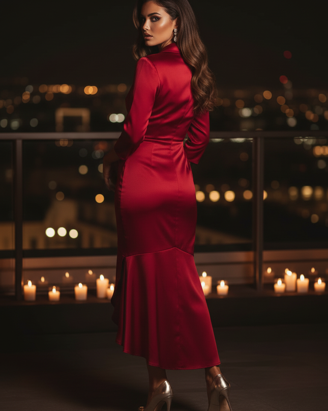 Satin Kleid Red - Satin Cocktailkleid Bordeaux - V-Ausschnitt - Ansicht 2