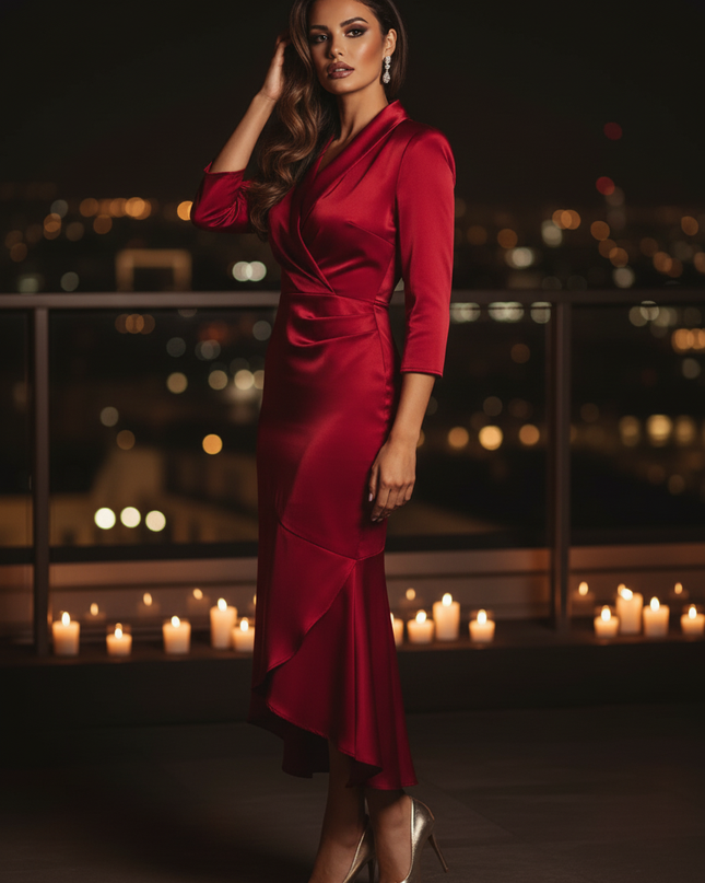 Satin Kleid Red - Satin Cocktailkleid Bordeaux - V-Ausschnitt - Ansicht 3