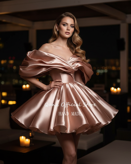 Satin Kleid Rose Gold - Satin Cocktailkleid Elegant Hellrosa - Off-Shoulder - Ansicht 1