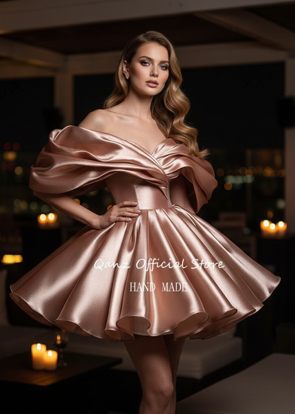 Satin Kleid Rose Gold - Satin Cocktailkleid Elegant Hellrosa - Off-Shoulder - Ansicht 1