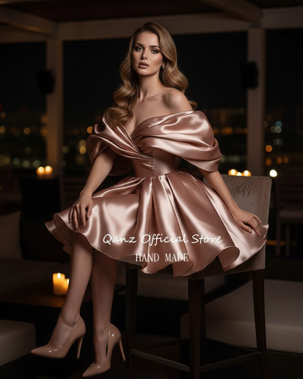Satin Kleid Rose Gold - Satin Cocktailkleid Elegant Hellrosa - Off-Shoulder - Ansicht 5