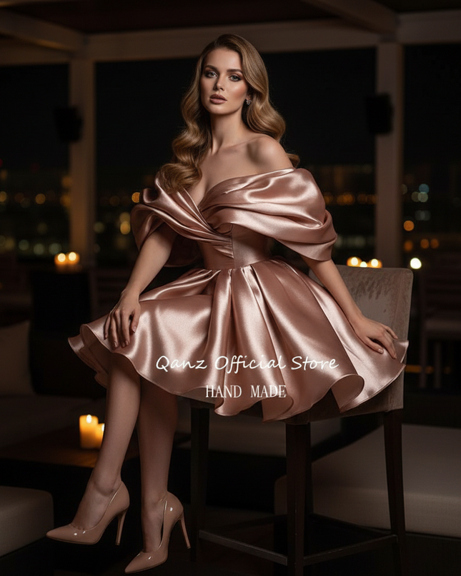 Satin Kleid Rose Gold - Satin Cocktailkleid Elegant Hellrosa - Off-Shoulder - Ansicht 5