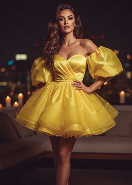 Satin Kleid Yellow - Satin Cocktailkleid Gelb - Off-Shoulder Tuell - Ansicht 1
