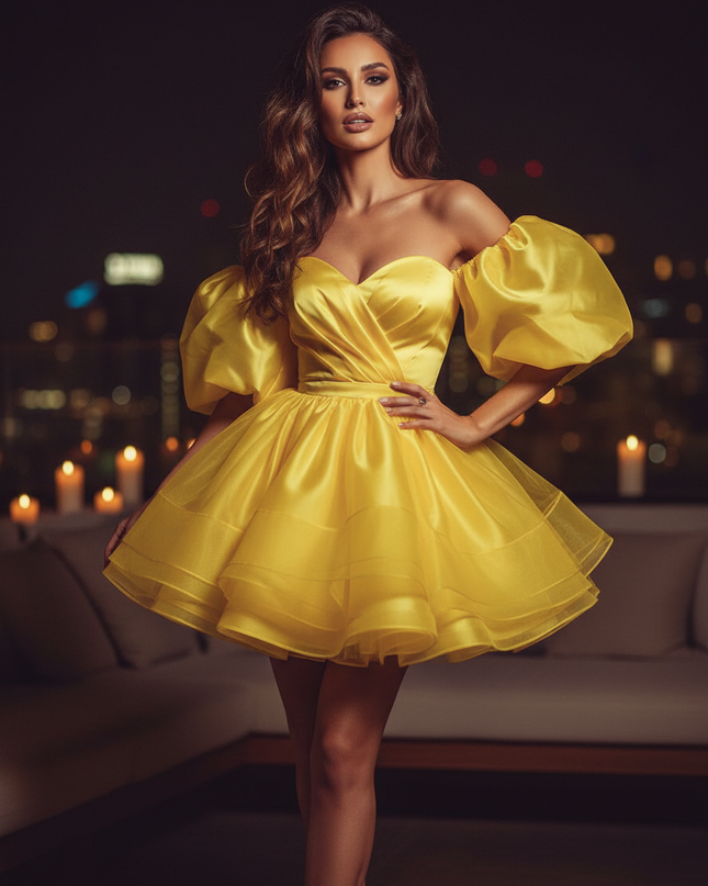Satin Kleid Yellow - Satin Cocktailkleid Gelb - Off-Shoulder Tuell - Ansicht 1