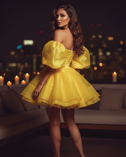 Satin Kleid Yellow - Satin Cocktailkleid Gelb - Off-Shoulder Tuell - Ansicht 2