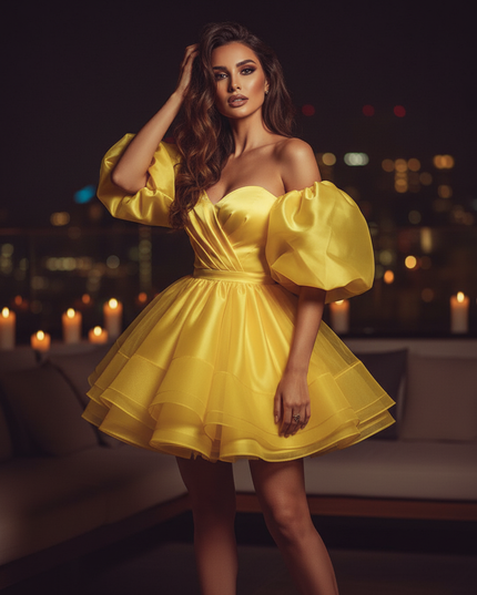 Satin Kleid Yellow - Satin Cocktailkleid Gelb - Off-Shoulder Tuell - Ansicht 3