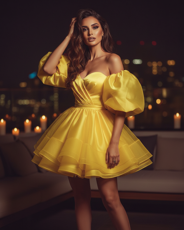 Satin Kleid Yellow - Satin Cocktailkleid Gelb - Off-Shoulder Tuell - Ansicht 3