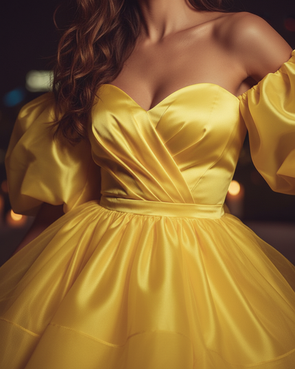 Satin Kleid Yellow - Satin Cocktailkleid Gelb - Off-Shoulder Tuell - Ansicht 4