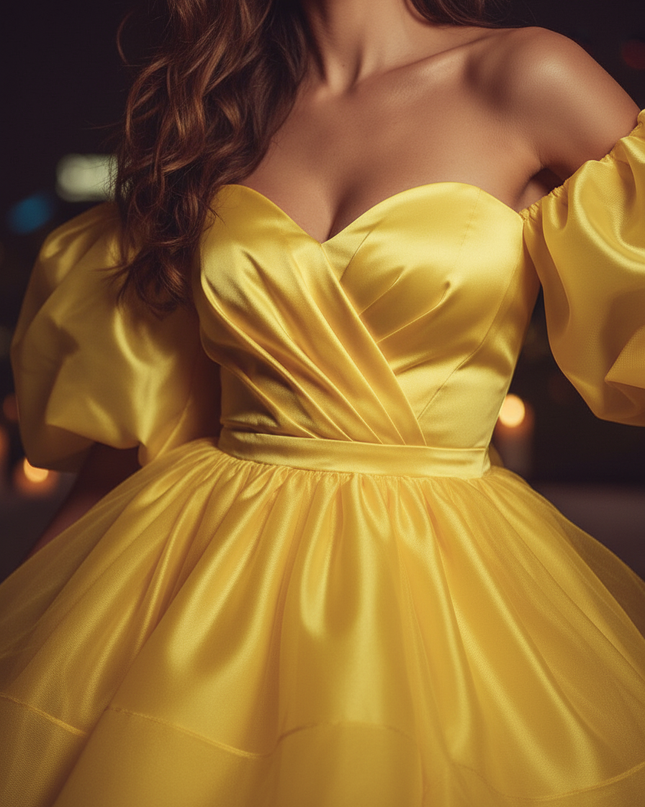 Satin Kleid Yellow - Satin Cocktailkleid Gelb - Off-Shoulder Tuell - Ansicht 4
