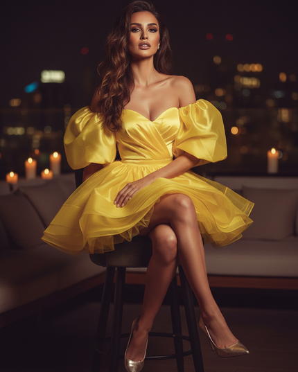 Satin Kleid Yellow - Satin Cocktailkleid Gelb - Off-Shoulder Tuell - Ansicht 5