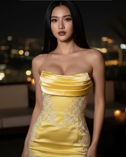 Satin Kleid Yellow - Satin Cocktailkleid Gelb Traegerlos - Mini, festlich - Ansicht 4