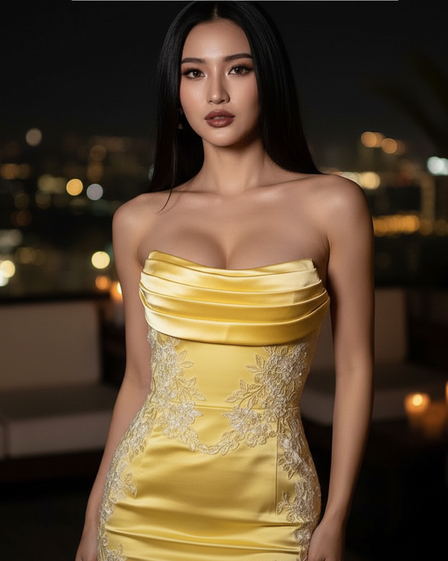 Satin Kleid Yellow - Satin Cocktailkleid Gelb Traegerlos - Mini, festlich - Ansicht 4