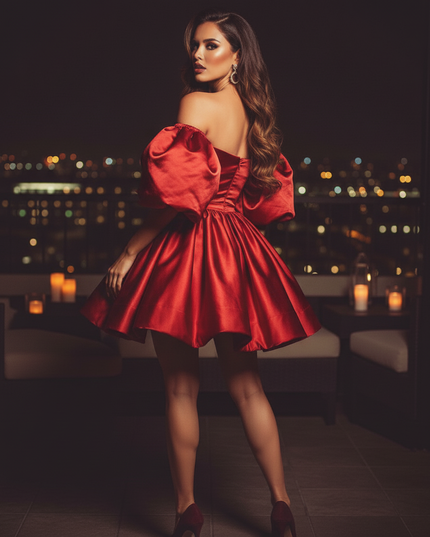 Satin Kleid Red - Satin Cocktailkleid Hochzeit Bordeaux, kurz - Ansicht 2