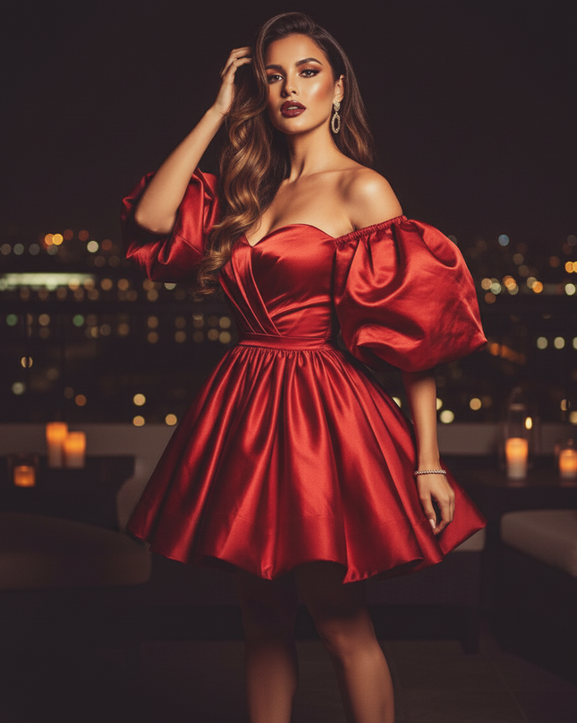 Satin Kleid Red - Satin Cocktailkleid Hochzeit Bordeaux, kurz - Ansicht 3