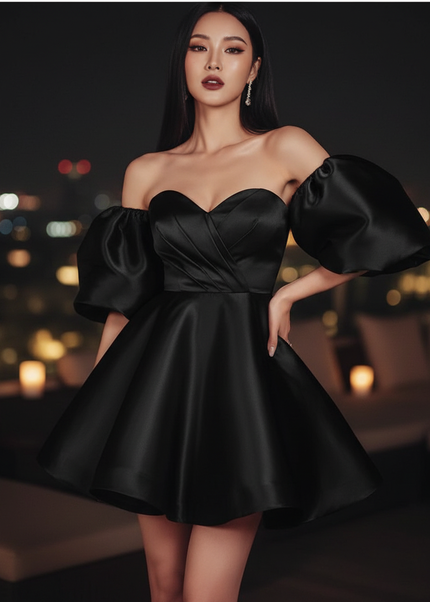 Satin Kleid Black - Satin Cocktailkleid Kurz Schwarz - Off-Shoulder - Ansicht 1