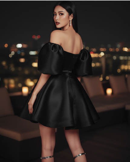 Satin Kleid Black - Satin Cocktailkleid Kurz Schwarz - Off-Shoulder - Ansicht 2