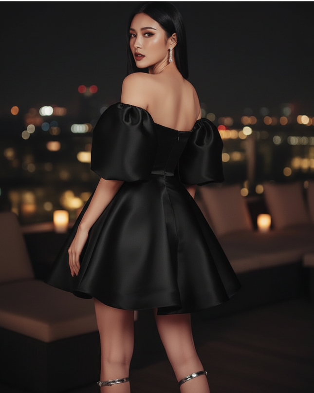 Satin Kleid Black - Satin Cocktailkleid Kurz Schwarz - Off-Shoulder - Ansicht 2