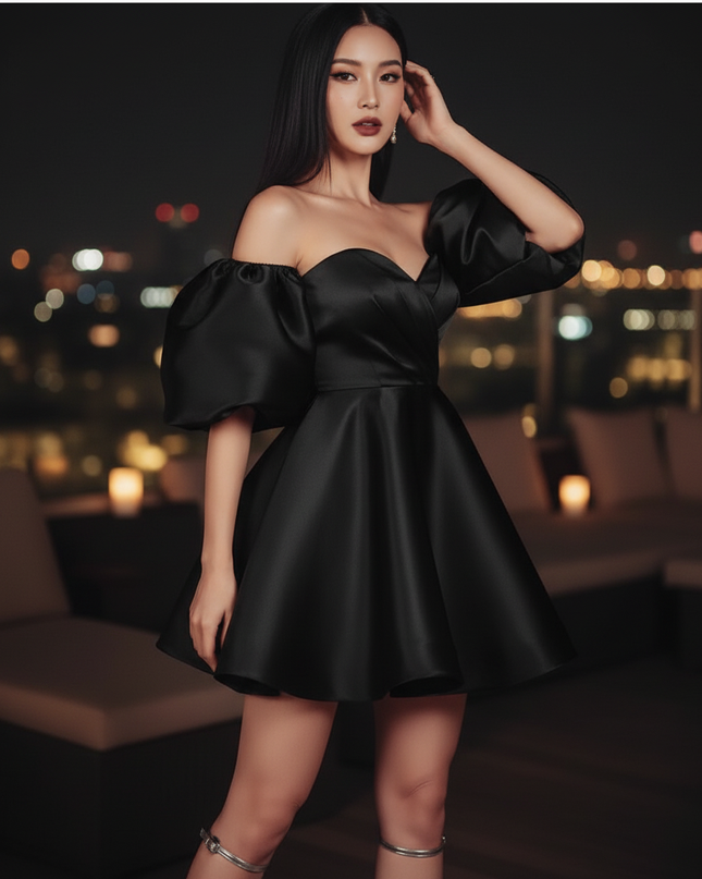 Satin Kleid Black - Satin Cocktailkleid Kurz Schwarz - Off-Shoulder - Ansicht 3