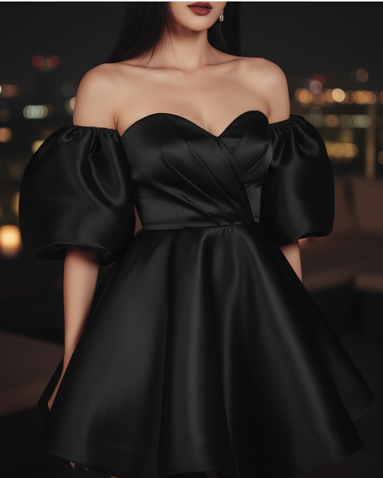 Satin Kleid Black - Satin Cocktailkleid Kurz Schwarz - Off-Shoulder - Ansicht 4