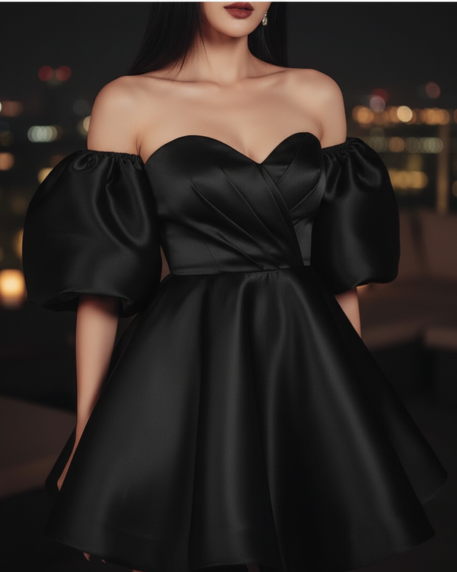 Satin Kleid Black - Satin Cocktailkleid Kurz Schwarz - Off-Shoulder - Ansicht 4