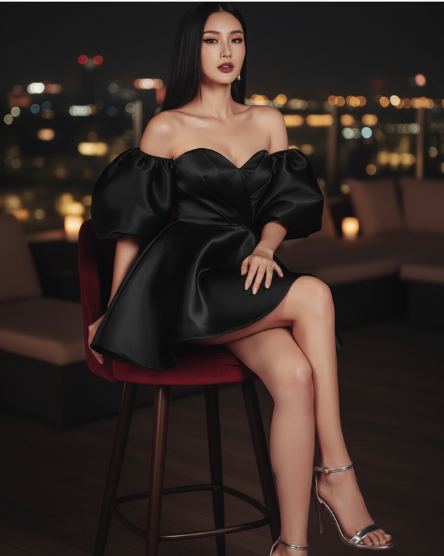Satin Kleid Black - Satin Cocktailkleid Kurz Schwarz - Off-Shoulder - Ansicht 5