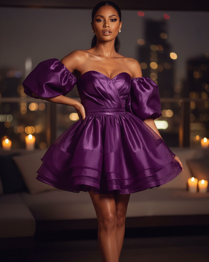 Satin Kleid Purple - Satin Cocktailkleid Lila - Off-Shoulder, kurz - Ansicht 1