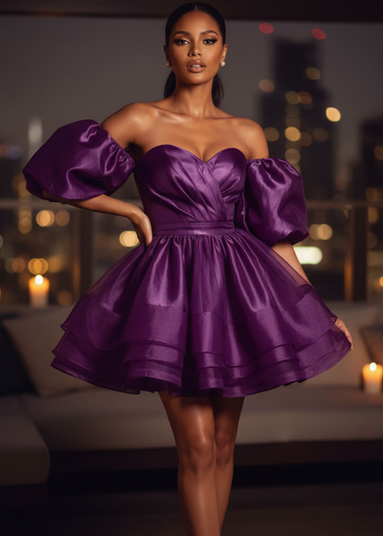 Satin Kleid Purple - Satin Cocktailkleid Lila - Off-Shoulder, kurz - Ansicht 1