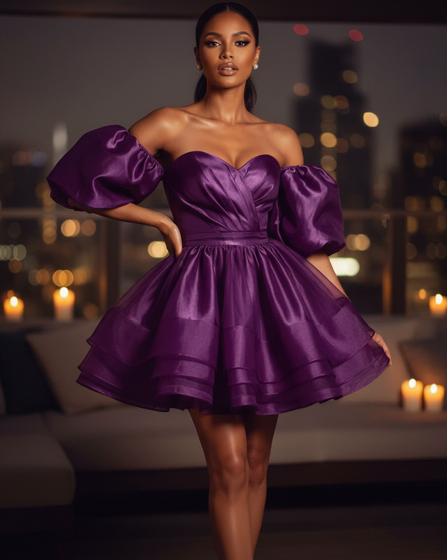 Satin Kleid Purple - Satin Cocktailkleid Lila - Off-Shoulder, kurz - Ansicht 1