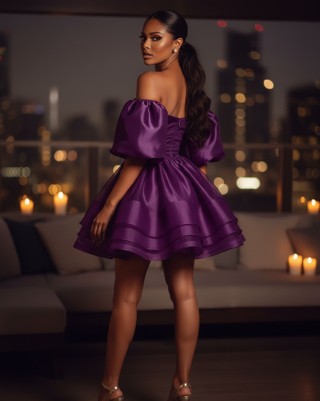 Satin Kleid Purple - Satin Cocktailkleid Lila - Off-Shoulder, kurz - Ansicht 2